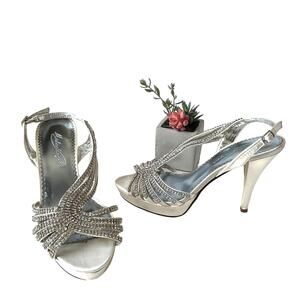 MICHAELANGELO Donatella Brivory Heeled Sandals Size 7.5M White Crystals Strappy